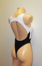 Women Thong Leotard 201-10 Open Front and Back White and Black Spandex Size M
