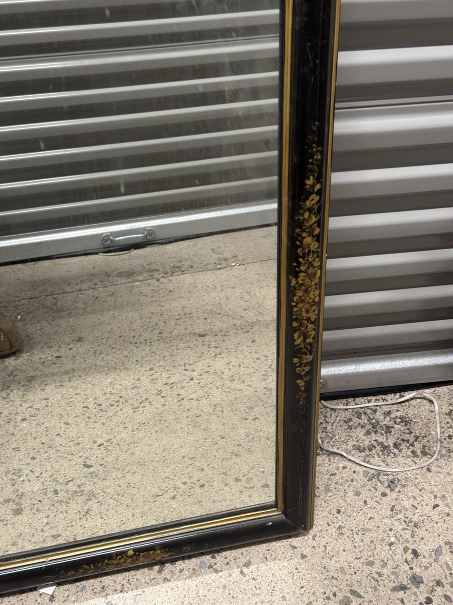 Antique Chinoiserie Full Length Mirror Black Lacquer Gold Hand