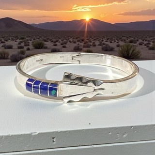 Mexican .925 Sterling Silver Blue Green Stone Arrow Motif Hinge Cuff 6.75" 29.0g