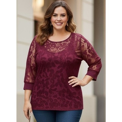 Ana Women 2x Burgundy Red Lace Stretch 3/4 Length Sleeve Holiday Blouse