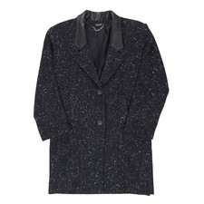 VTG Boucle Wool Coat Women M Black Leather Collar Power Shoulders Made in USA