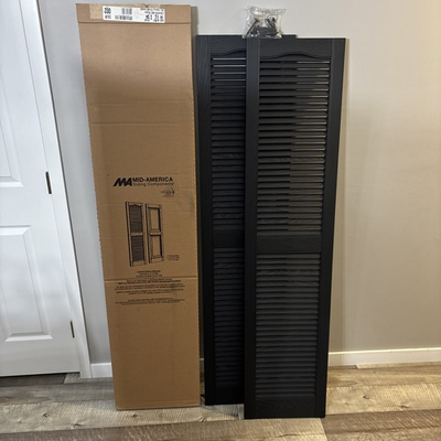 #ad Mid America Louver Vinyl Shutters 14.5in X 64in Black 1 Pair. NEW IN BOX $34.99
