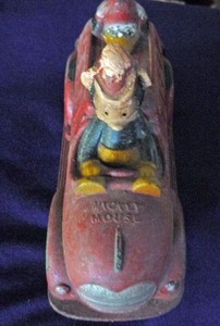 DISNEY VINTAGE MICKEY AND DONALD FIRETRUCK 1940'S PUSH TOY COMPLETE WITH WEAR.