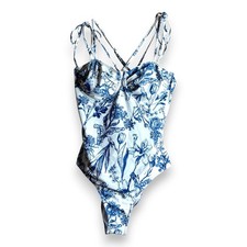 Womens 1 Piece Swimsuit Ruched Sweetheart Neckline Tie Straps Blue Floral L NEW
