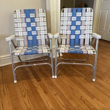 (2)VINTAGE PERGAMENT HOME IMPROVEMENTS STORE BEACH LAWN CHAIRS