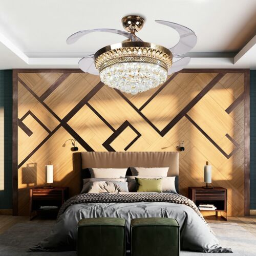 Invisible Ceiling Fan Light LED Chandeliers Remote Control Retractable Blade Fan - Picture 18 of 20