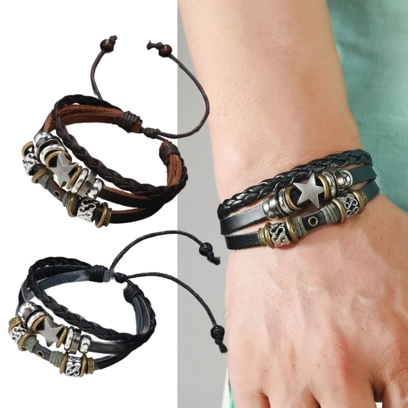 Vintage Leather Bracelet Punk Star Beaded Wristband MultiLayer