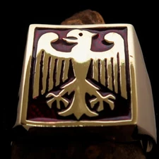 MENS BRASS BIKER SEAL RING GERMAN EAGLE COAT OF ARMS RED - SIZE 11.5