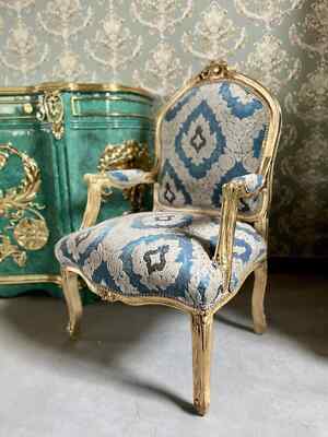 Armchair French Louis XV Chair Royal Baroque Armchair in Blue Damask Gold Finish