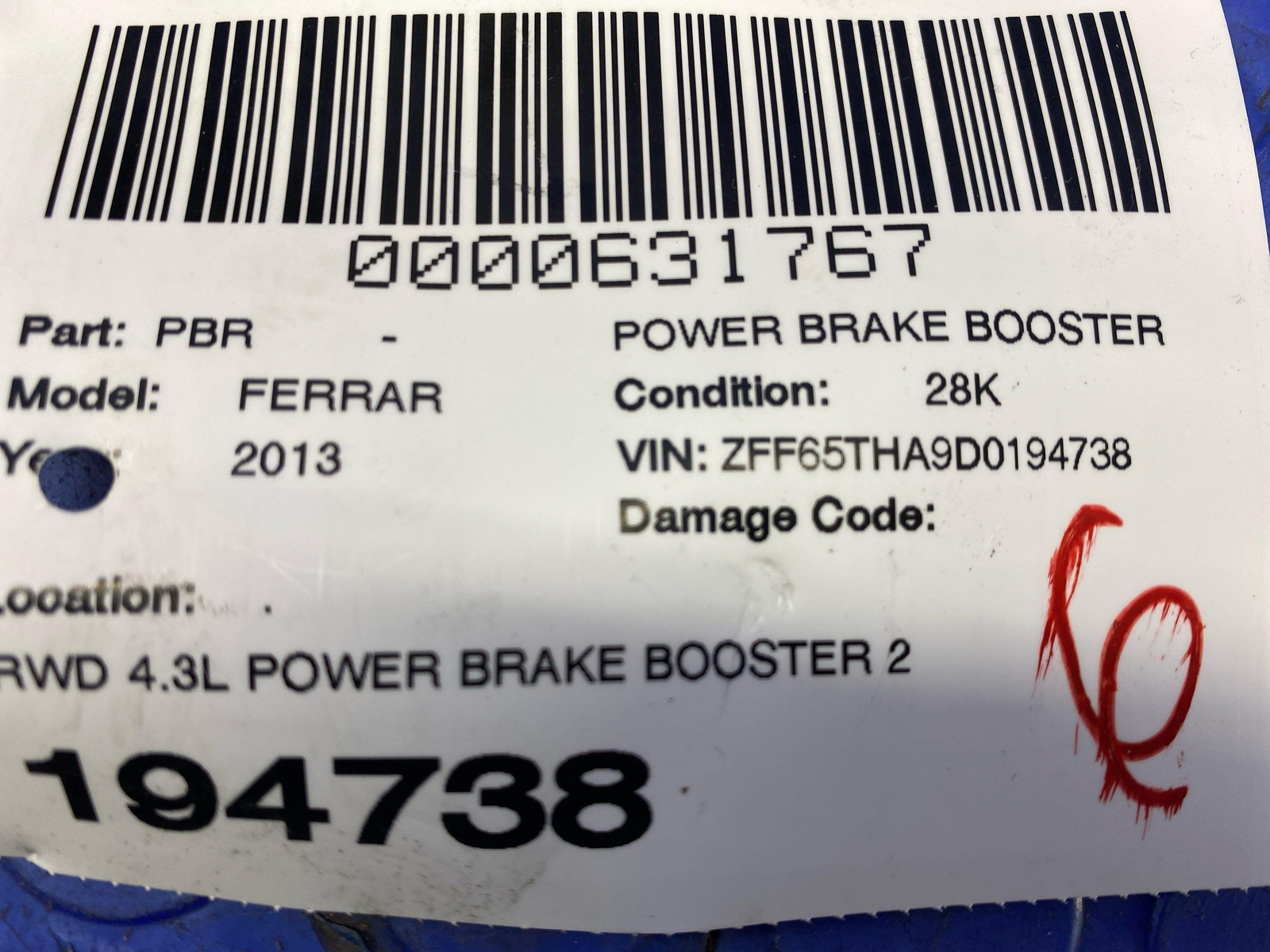 2008-2014 FERRARI CALIFORNIA RWD 4.3L POWER BRAKE BOOSTER 238982 OEM