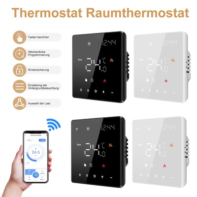 Thermostat Digital Raumthermostat Schwarz/Weiß WiFi Touchscreen Fußbodenheizung