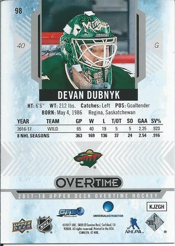 2017-18 NHL Overtime Upper Deck DEVAN DUBNYK #98 Minnesota Wild - Picture 2 of 2
