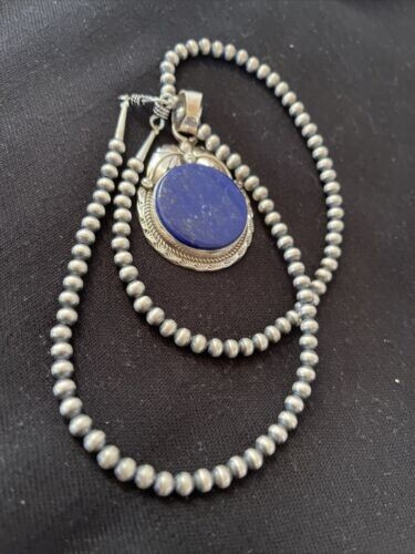 Blue Lapis Pendant Necklace Native Mens Sterling Silver Navajo Pearls 01525 - Picture 6 of 12