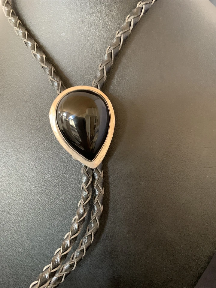Mens Black Onyx Sterling Silver Navajo Bolo Tie 12148 - Image 2 of 4