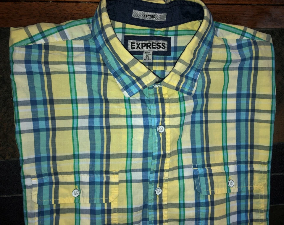 Mens Express Fitted Long Sleeve Multicolor Plaid Button Up Shirt XL 17 17 1/2 - Image 2 of 2