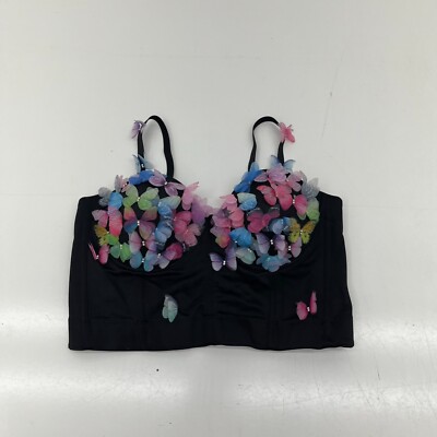 Black Multicolored Butterfly Cropped Tank Top Women's Size Large NEW