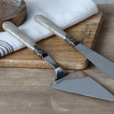 Perlmutt Vintage Tortenheber Kuchenmesser Grau Tortenschaufel Shabby Landhaus 