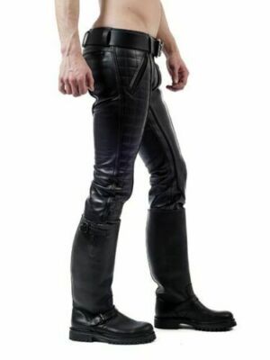Men's Real Leather Pants Double Zip Schwarz Jeans Trousers