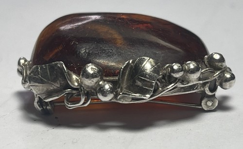 Jolie Broche Argent 830 Scandinave Sertie D’ambre Baltique Décors Cerises - Imagen 2 de 10