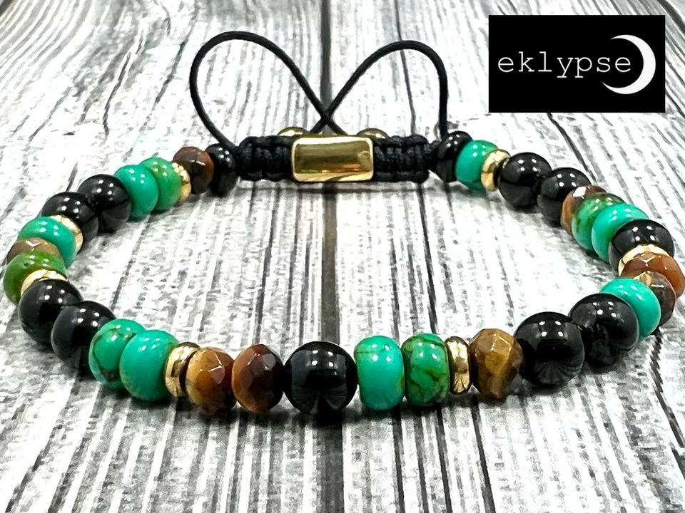 Hip Macrame Adjustable 6mm Tigers Eye+Turquoise Gemstone Bead Gold Men Bracelet - Image 4 of 4