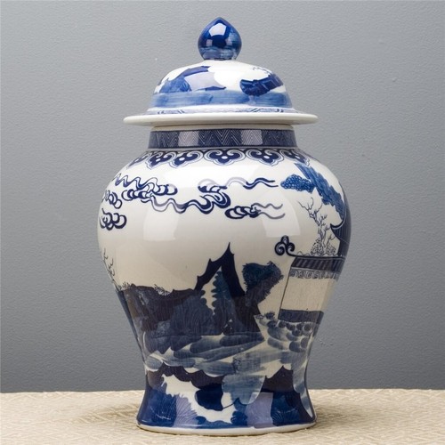 Chinese oriental porcelain TEMPLE JAR W PEOPLE BLUE AND WHITE GINGER JAR 15" - Picture 5 of 6