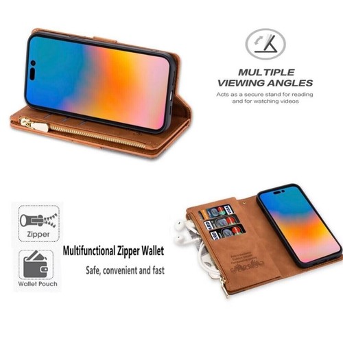 For iPhone 16 15 14 13 12 11 Pro Max Plus Leather Zipper Wallet Case Flip Cover - Picture 65 of 73