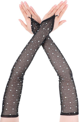 Rhinestone Fingerless Gloves Lace Gloves Elbow Length Long Tulle Mesh Tea Party