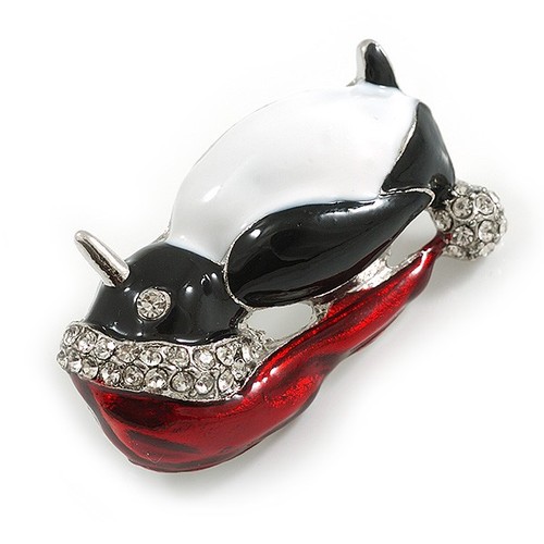Christmas Black/Red/White Enamel Penguin Brooch in Silver Tone - 40mm Tall - Picture 4 of 5
