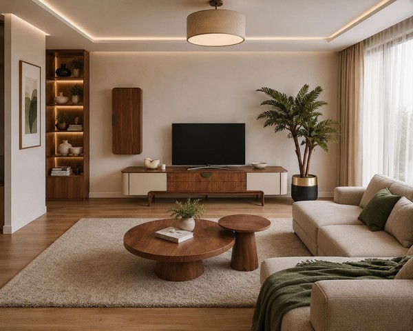 Modernes Wohnzimmer-Set Mit Wohnwand Und 2 Tischen-image