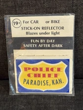 RARE🇺🇸1950s-60s N.O.S. STICK ON BICYCLE REFLECTOR”POLICE CHIEF”PARADISE,KS.👀
