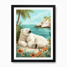 Polar Bear Relaxing In A Hot Spring Framed Wall Art Poster Canvas Print Picture