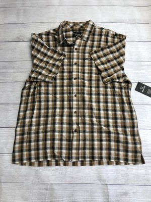 Brixton Cru Linen Blend Plaid Short Sleeve Shirt Mens Medium Black Tobacco