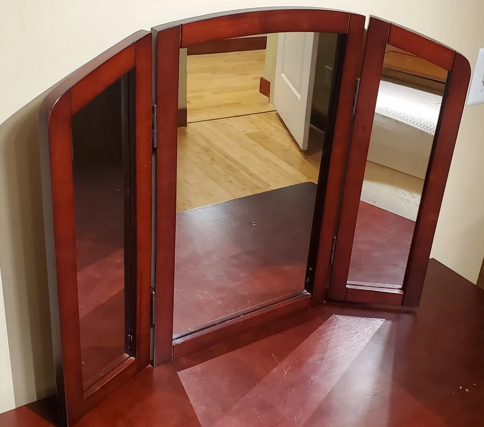 Vanity Table/Desk w 5 Drawers, Tri-Fold Mirror, Stool - Cherry Toned, Very Nice - Image 3 of 4