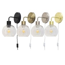 Modern Bedside Plug in Wall Light Reading Lamp with Clear Ribbed Glass Shade