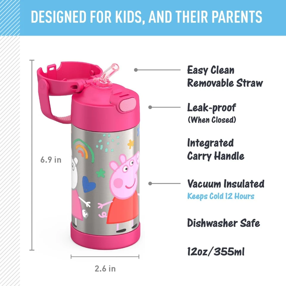 Peppa Pig Termo Funtainer 12oz Niños Botella de Agua Pajita Fría 12H Vacío Acero Foto 2 de 4