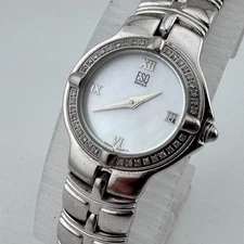 ESQ by Movado Swiss Quartz Watch E5437  Women Silver MOP Diamonds New Battery 7"