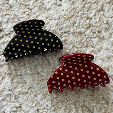 Set of 2 Polka Dot Plastic Hair Claw Clips - dark brown  red
