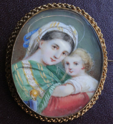 Broche Ancienne Avec Motif Enfants Peinture - Bijou Vintage D'occasion - Origine France