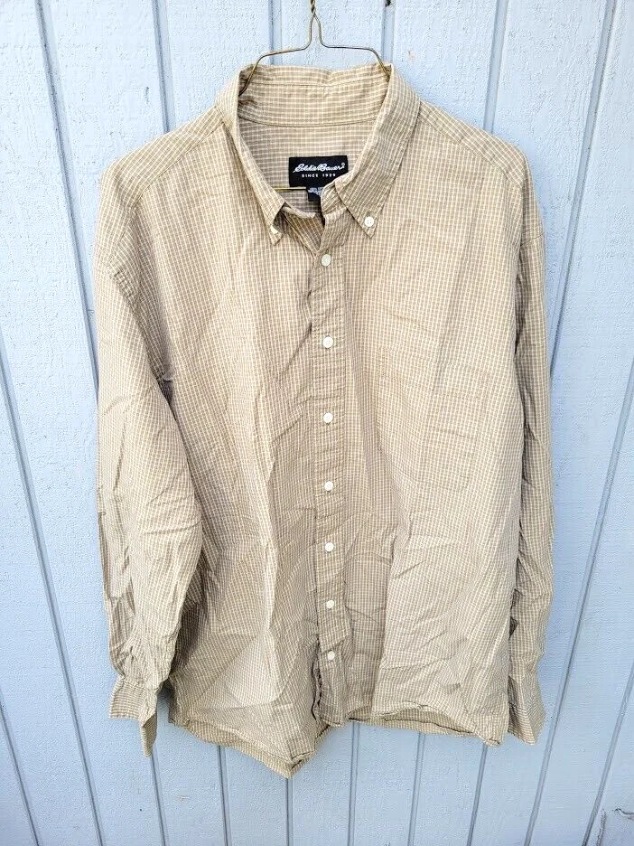 Eddie Bauer Button Up Shirt Size Large Tall Beige Tan Mens Long Sleeve