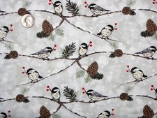 Chickadee Christmas Choir Fabric Birds Pine Cones Branch Cotton Studio E By Yard