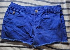 Justice Premium Royal Blue Denim Jean Shorts Cut-Offs Heart Logo Fringe Girl 16R