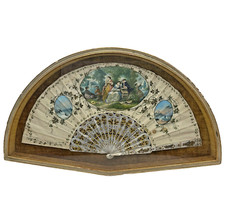 1800s Framed French Hand Fan Painted Scenic Carved Mother of Pearl Sticks
