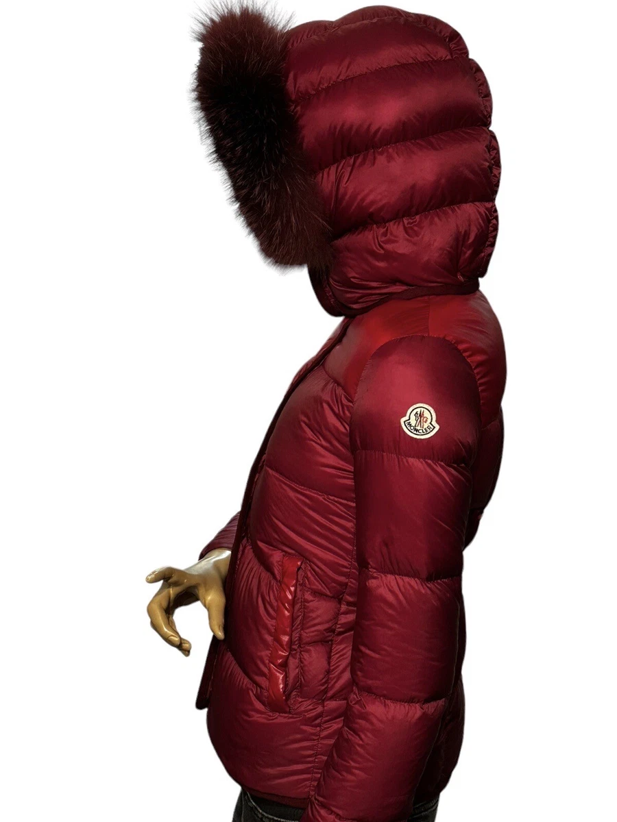 Moncler red jacket sale with fur hood