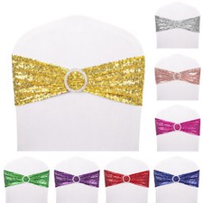 10/25 Spandex Sequin Chair Sashes Bow Band Cover Wedding Party Banquet w/ Buckle