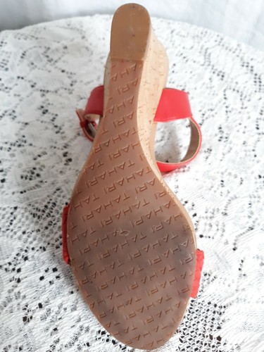 Tahari Wedge Sandals Women sz 7.5 Patent Leather Shoe Summer orange ankle strap - Picture 6 of 6