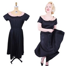 Vintage 1940s Black Party Dress Pink Beaded Collar Evening Gown Fit FlareW 29"