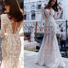 Stylish Bohemian Mermaid Lace Wedding Dresses V Neck Long Sleeves Bridal Gowns