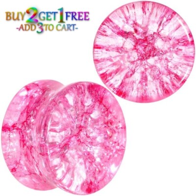 Pair 8g-38mm PINK SHATTERED GLASS PLUGS Double Flare Gauges Cracked Organic 1076