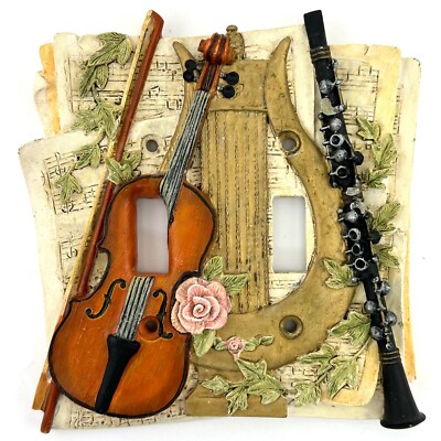 Vintage Double Switch Plate Cover Musical Theme Cello Clarinet Harp Notes