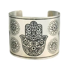 HAMSA HAND OF FATIMA BRACELET 2" Wide Cuff Luck Protection Silver Plate Metal